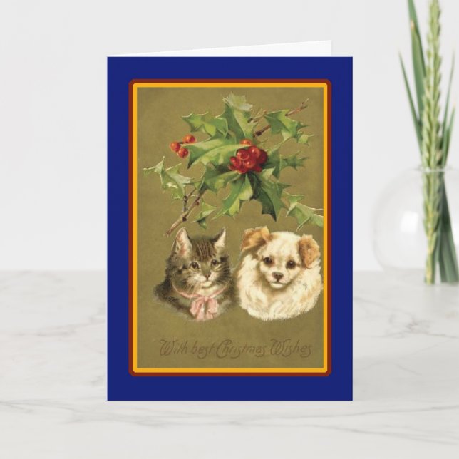 Vintage Dog and Cat Christmas Wishes Holiday Card (Front)