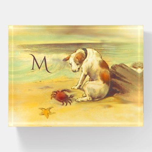 Vintage Dog at Beach with Sea Life Monogrammed  Paperweight