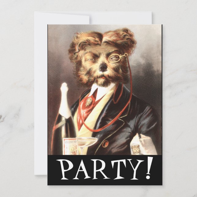 Vintage Dog Butler serving Champagne Invitation (Front)