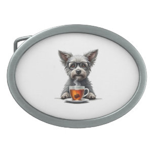 Vintage Dog Holding Tea with Glasses Retro Pet Ill Belt Buckle