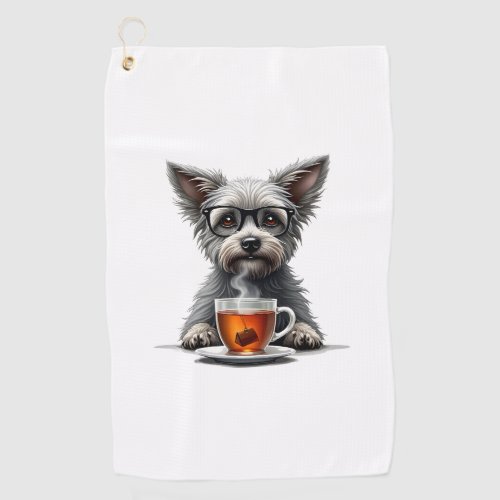 Vintage Dog Holding Tea with Glasses Retro Pet Ill Golf Towel