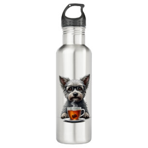 Vintage Dog Holding Tea with Glasses Retro Pet Ill Stainless Steel Water Bottle