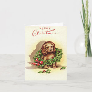 Vintage Dog in Wreath Christmas Card