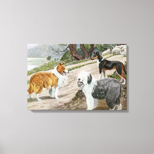 Vintage Dog Lovers Art Collie Trio Canvas Print