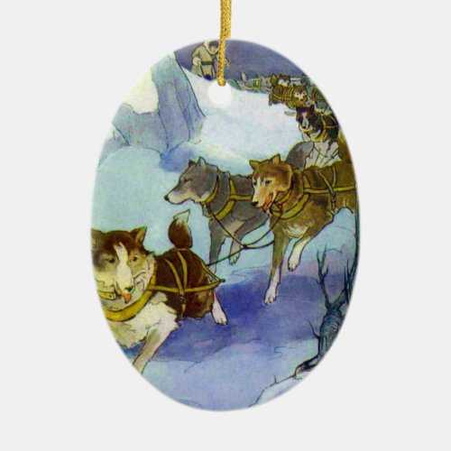 Vintage Dog Sledding Ceramic Ornament