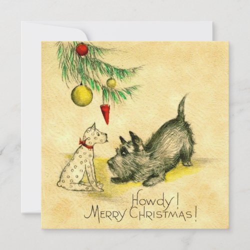 Vintage dog Under Christmas Tree Holiday Card