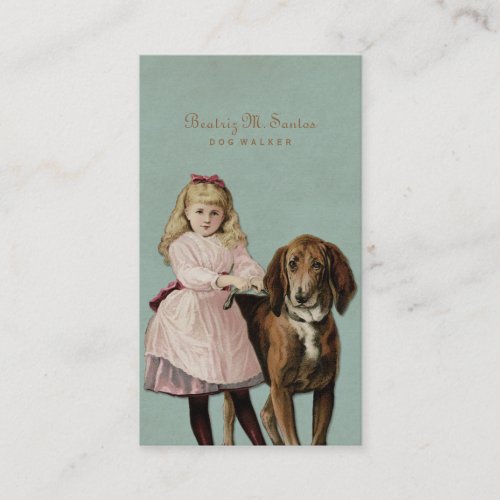 Vintage Dog Walking Cute Girl Cool Animal Simple Business Card