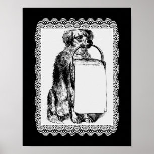 Vintage Dog With Basket Pencil Art Poster