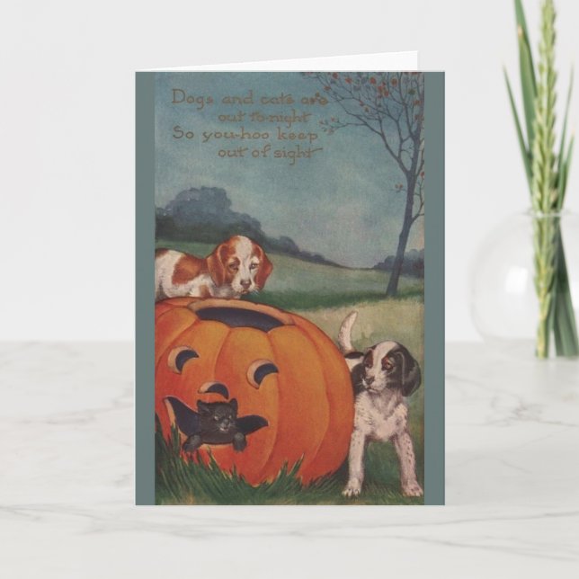 Vintage Dogs and Cats Halloween Greeting Card (Front)