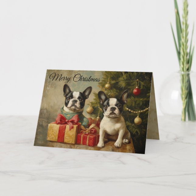 Vintage Dogs Boston Terriers Merry Christmas Holiday Card (Front)