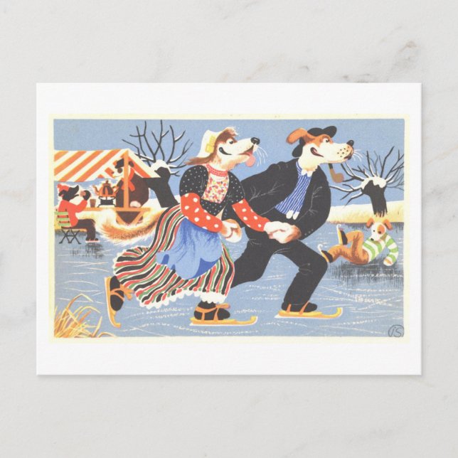 Vintage Dogs Ice Skating Winter Postcard (Front)