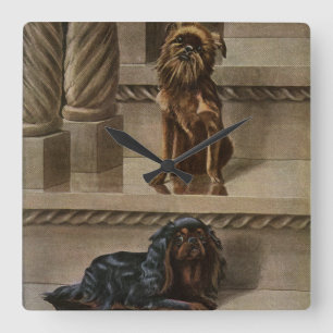 Vintage Dogs Sitting on a Staircase Square Wall Clock