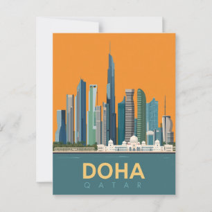 Vintage Doha Qatar Skyline Travel Poster Postcard