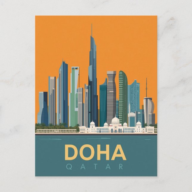Vintage Doha Qatar Skyline Travel Poster Postcard (Front)
