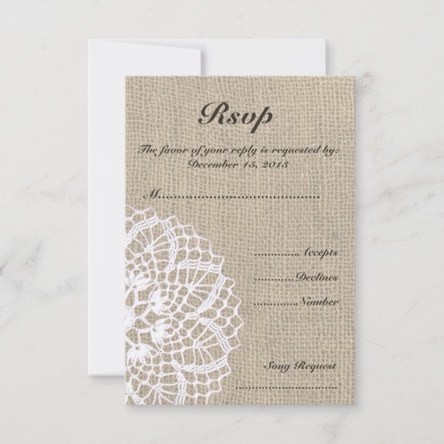 Vintage Doily & Burlap Wedding RSVP Card (Front)
