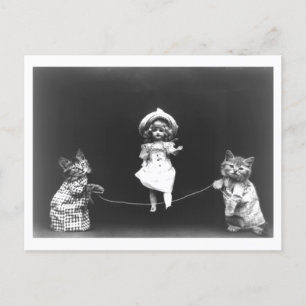 Vintage Doll and Cats Jumping Rope Oddity Postcard