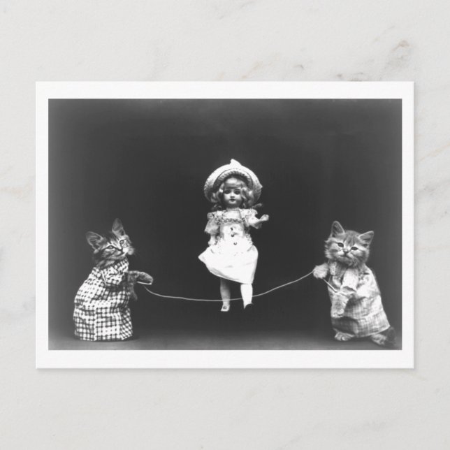 Vintage Doll and Cats Jumping Rope Oddity Postcard (Front)