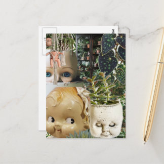 Vintage Doll Head Planters Mixed Media Collage Postcard
