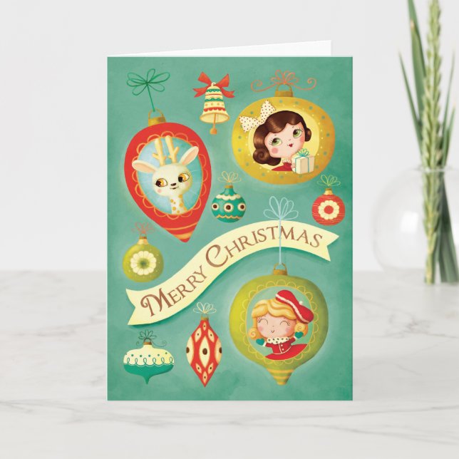 Vintage Dolls & Reindeer Christmas Greeting Card (Front)