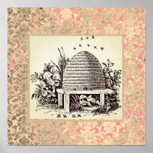 Vintage Dome Bee Hive and Damask   Poster