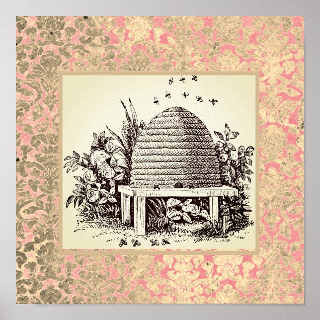 Vintage Dome Bee Hive and Damask   Poster (Front)