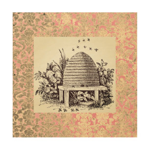 Vintage Dome Bee Hive and Damask Wood Wall Art