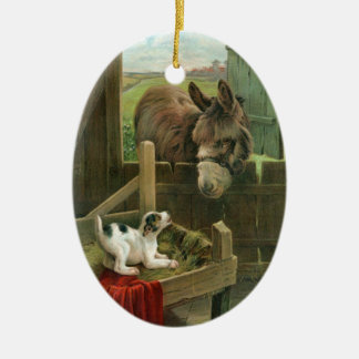 Vintage Donkey & Puppy Dog in Manger Old Barnyard Ceramic Ornament