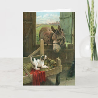 Vintage Donkey & Puppy Dog in Manger Old Barnyard Holiday Card