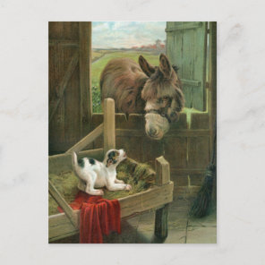 Vintage Donkey & Puppy Dog in Manger Old Barnyard Holiday Postcard
