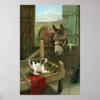 Vintage Donkey & Puppy Dog in Manger Old Barnyard Poster