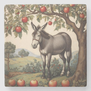 Vintage Donkey Under An Apple Tree Stone Coaster