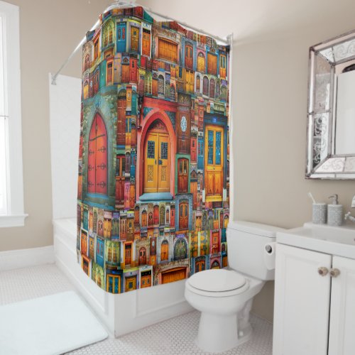 Vintage Door Collage Pattern Colorful Shower Curtain