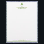Vintage Door Knocker Logo Blue/Green Border  Letterhead<br><div class="desc">A stylish and classic letterhead design with a hint of glamour - this business stationery for interior designers includes a blue and white greek key patterned background with your name or business name elegantly displayed in a lime green with a lime green vintage door knocker logo. Designed by 1201AM, a...</div>