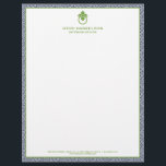 Vintage Door Knocker Logo Blue/Green Border  Letterhead<br><div class="desc">A stylish and classic letterhead design with a hint of glamour - this business stationery for interior designers includes a blue and white greek key patterned background with your name or business name elegantly displayed in a lime green with a lime green vintage door knocker logo. Designed by 1201AM, a...</div>