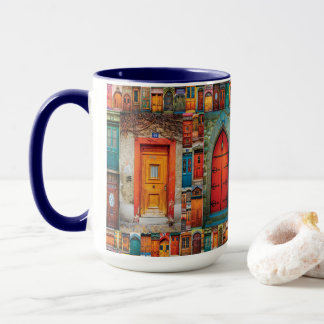 Vintage Doors of the World Pattern Blue Modern Mug