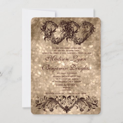 Vintage Double Hearts Champagne Wedding Invitation