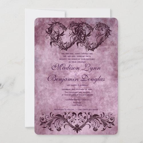 Vintage Double Hearts Purple Wedding Invitations