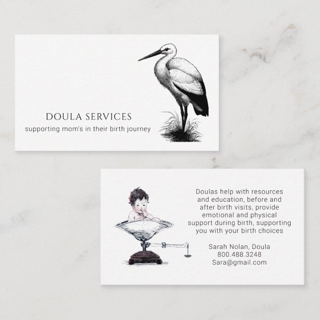 Vintage Doula Services Card Stork Baby Scale (Front/Back)