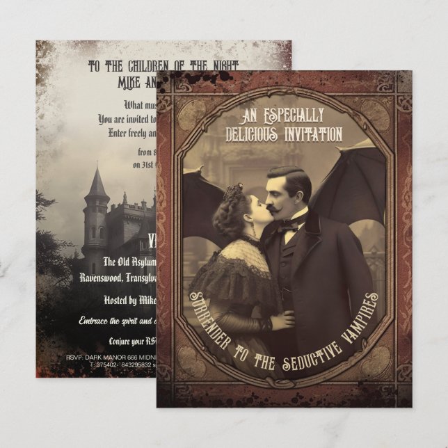 Vintage Dracula Kissing Girl Halloween Invitation  Postcard (Front/Back)