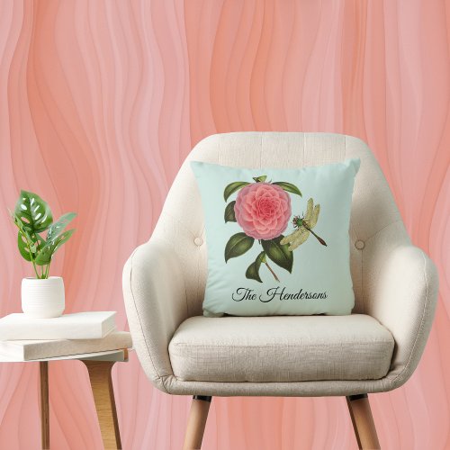 Vintage Dragon Fly Peony on Mint Green Monogram  Throw Pillow