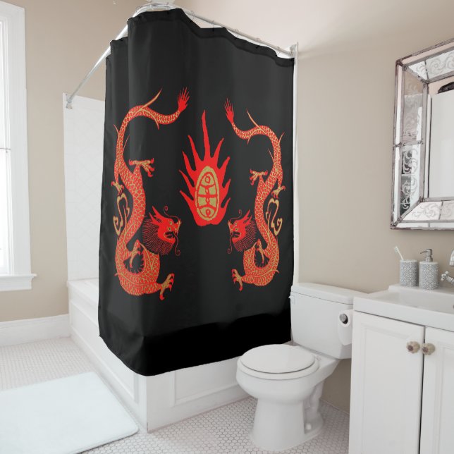 Vintage Dragon Holiday Red and Black Shower Curtain (In Situ)