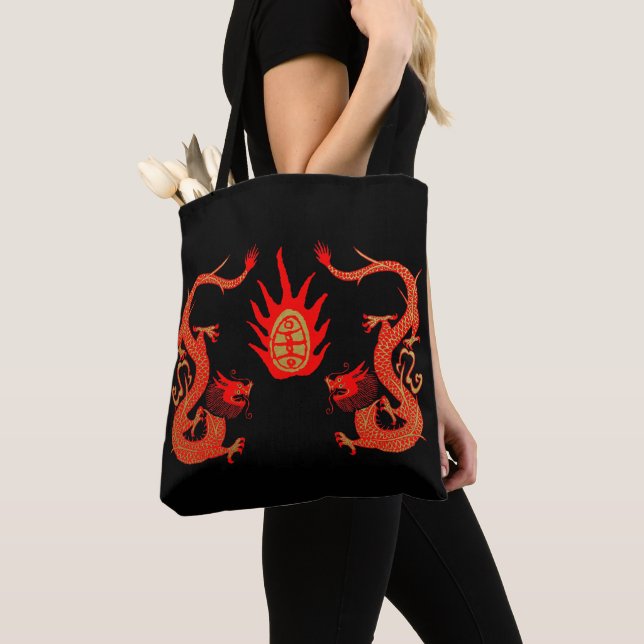 Vintage Dragon Holiday Red and Black Tote Bag (Close Up)