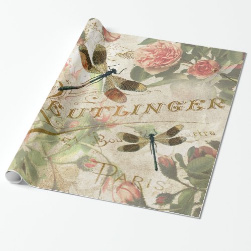 Vintage Dragonflies and Roses Decoupage Wrapping P Wrapping Paper
