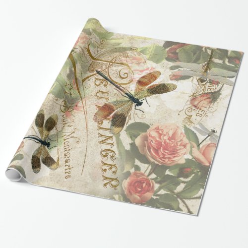 Vintage Dragonflies and Roses Decoupage Wrapping Paper