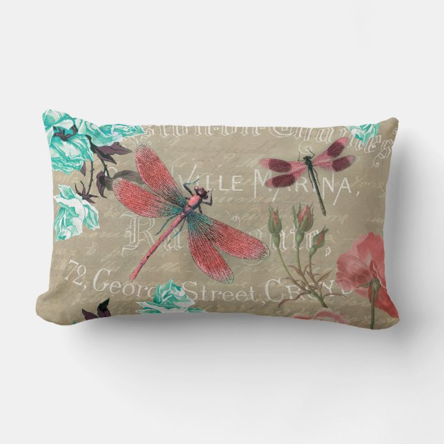 Vintage Dragonflies and Roses Lumbar Pillow (Front)