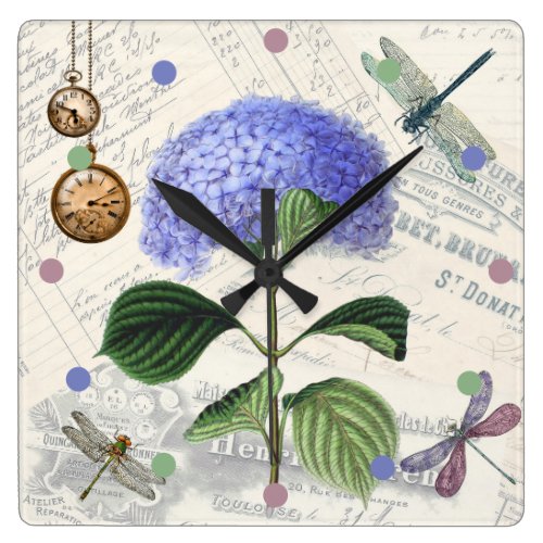 Vintage Dragonflies Floral Shabby Chic Rustic Chic Square Wall Clock