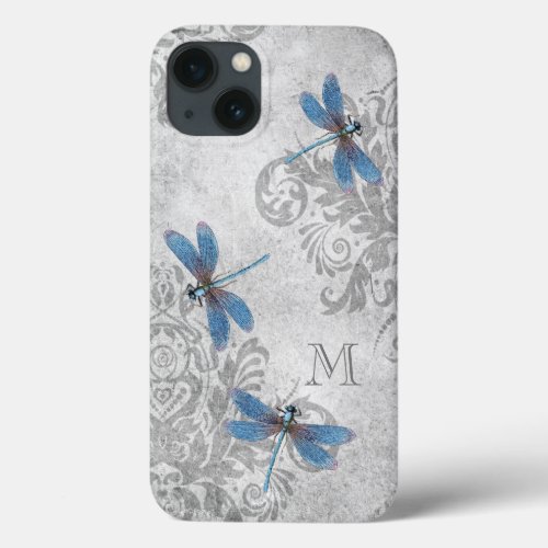 Vintage Dragonflies Grunge Damask with Monogram iPhone 13 Case