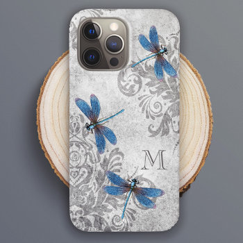 Vintage Dragonflies Grunge Damask With Monogram Case-mate Iphone 14 Pro Max Case by encore_arts at Zazzle