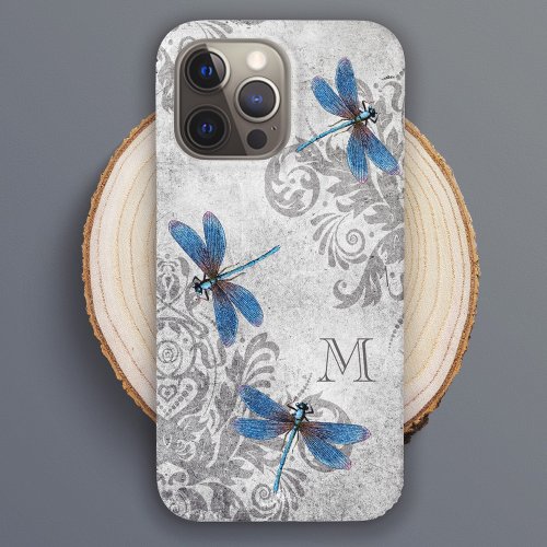 Vintage Dragonflies Grunge Damask with Monogram Case_Mate iPhone 14 Pro Max Case