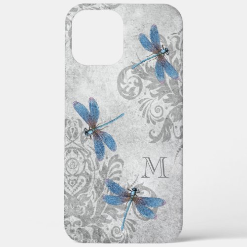 Vintage Dragonflies Grunge Damask with Monogram iPhone 12 Pro Max Case